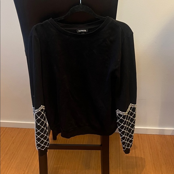 Express Sweaters - Express Black Top with Beaded Sleeve Detail